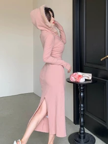 DAZY Women's Autumn/Winter Casual Hooded Bodycon Dress - Pink - View 2