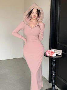 DAZY Women's Autumn/Winter Casual Hooded Bodycon Dress - Pink - View 6