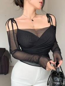 DAZY Semi-Sheer Mesh Panel Off Shoulder Long Sleeve Crop Top For Women, Suitable For Party And Back To School Summer Going Out Tops Women - Black - View 7