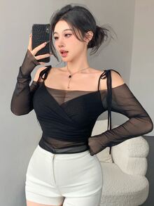 DAZY Semi-Sheer Mesh Panel Off Shoulder Long Sleeve Crop Top For Women, Suitable For Party And Back To School Summer Going Out Tops Women - Black - View 5