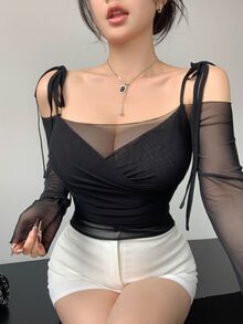 DAZY Semi-Sheer Mesh Panel Off Shoulder Long Sleeve Crop Top For Women, Suitable For Party And Back To School Summer Going Out Tops Women - Black - View 2