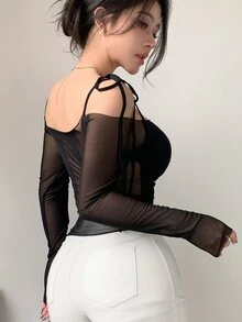 DAZY Semi-Sheer Mesh Panel Off Shoulder Long Sleeve Crop Top For Women, Suitable For Party And Back To School Summer Going Out Tops Women - Black - View 9