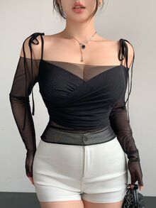 DAZY Semi-Sheer Mesh Panel Off Shoulder Long Sleeve Crop Top For Women, Suitable For Party And Back To School Summer Going Out Tops Women - Black - View 8