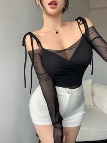 DAZY Semi-Sheer Mesh Panel Off Shoulder Long Sleeve Crop Top For Women, Suitable For Party And Back To School Summer Going Out Tops Women - Black - View 11