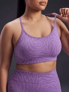 Powerista Women's Plus Size Seamless Zebra Print Spaghetti Strap Backless Sports Bra Breathable Soft Fabric Casual Tropical Purple Workout Summer Gym - Purple - View 7