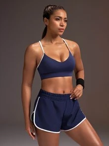 Powerista Women's Summer Gym And Sport Navy Blue And White Color-Block High Support Crew Neck Bra And High Slit Shorts Sports Set - With Breathable Fabric - Navy Blue - View 5