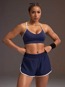 Powerista Women's Summer Gym And Sport Navy Blue And White Color-Block High Support Crew Neck Bra And High Slit Shorts Sports Set - With Breathable Fabric - Navy Blue - View 3