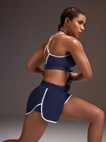 Powerista Women's Summer Gym And Sport Navy Blue And White Color-Block High Support Crew Neck Bra And High Slit Shorts Sports Set - With Breathable Fabric - Navy Blue - View 8