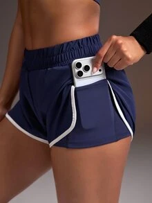 Powerista Women's Summer Gym And Sport Navy Blue And White Color-Block High Support Crew Neck Bra And High Slit Shorts Sports Set - With Breathable Fabric - Navy Blue - View 7