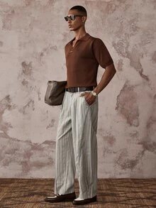 AKNOTIC Men's Solid Color Collared Short Sleeve Casual Knit Top - Coffee Brown - View 4