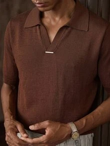 AKNOTIC Men's Solid Color Collared Short Sleeve Casual Knit Top - Coffee Brown - View 3