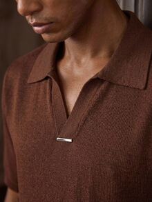 AKNOTIC Men's Solid Color Collared Short Sleeve Casual Knit Top - Coffee Brown - View 5
