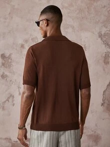 AKNOTIC Men's Solid Color Collared Short Sleeve Casual Knit Top - Coffee Brown - View 6