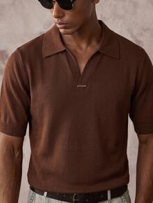 AKNOTIC Men's Solid Color Collared Short Sleeve Casual Knit Top - Coffee Brown - View 2