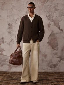 AKNOTIC Men's Casual Versatile Solid Color Long Sleeve Cardigan - Coffee Brown - View 10