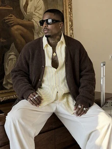 AKNOTIC Men's Casual Versatile Solid Color Long Sleeve Cardigan - Coffee Brown - View 1