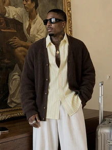 AKNOTIC Men's Casual Versatile Solid Color Long Sleeve Cardigan - Coffee Brown - View 5