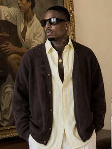 AKNOTIC Men's Casual Versatile Solid Color Long Sleeve Cardigan - Coffee Brown - View 4