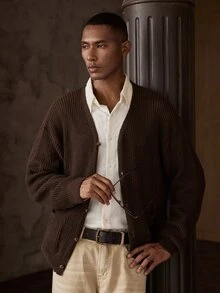 AKNOTIC Men's Casual Versatile Solid Color Long Sleeve Cardigan - Coffee Brown - View 8