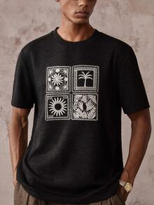 Vientiro 男士休閒熱帶刺繡短袖T恤，適合度假 - 黑色 - 查看 2