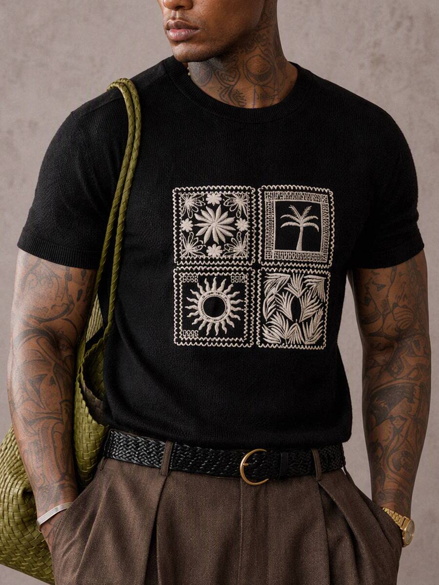 Vientiro 男士休閒熱帶刺繡短袖T恤,適合度假 - 黑色 - 查看 1
