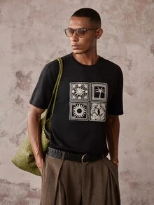 Vientiro 男士休閒熱帶刺繡短袖T恤，適合度假 - 黑色 - 查看 7