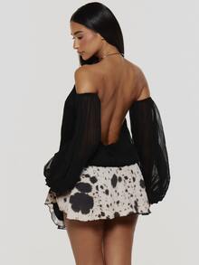 MUSERA Plunged Neckline Bardot Off Shoulder Aysmmetric Printed Mini Dress V - Multicolor - View 5