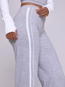 Musera Sport Grey Marl Contrast Side Stripe High Rise Straight Loose Fit Active Coord Jogger Sweat Pant Fall Winter Autumn Fitness Gym Pilates - Grey - View 5