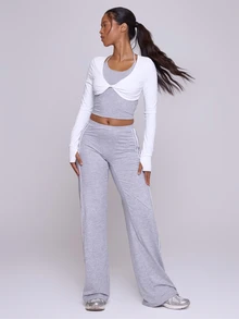Musera Sport Grey Marl Contrast Side Stripe High Rise Straight Loose Fit Active Coord Jogger Sweat Pant Fall Winter Autumn Fitness Gym Pilates - Grey - View 2