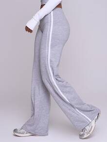 Musera Sport Grey Marl Contrast Side Stripe High Rise Straight Loose Fit Active Coord Jogger Sweat Pant Fall Winter Autumn Fitness Gym Pilates - Grey - View 3