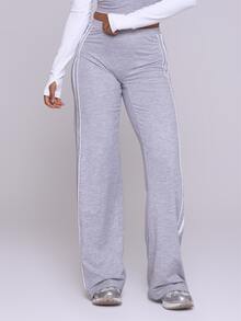 Musera Sport Grey Marl Contrast Side Stripe High Rise Straight Loose Fit Active Coord Jogger Sweat Pant Fall Winter Autumn Fitness Gym Pilates - Grey - View 1