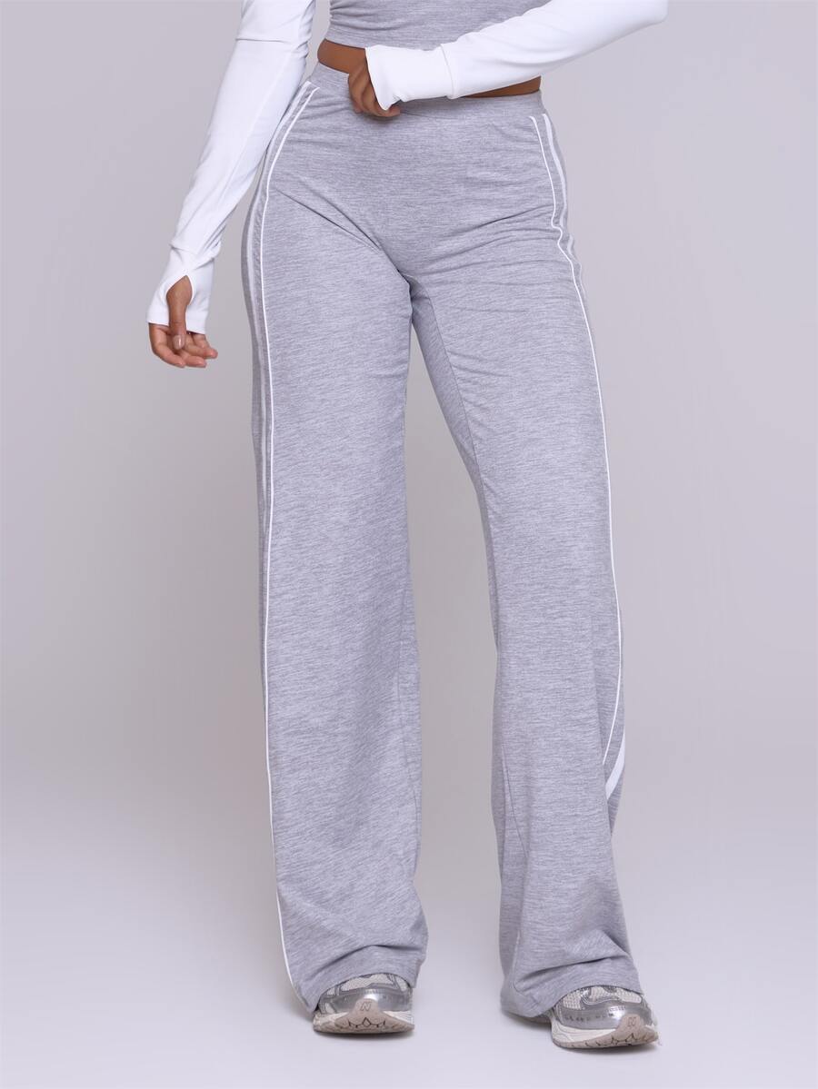 Musera Sport Grey Marl Contrast Side Stripe High Rise Straight Loose Fit Active Coord Jogger Sweat Pant Fall Winter Autumn Fitness Gym Pilates - Grey - View 1