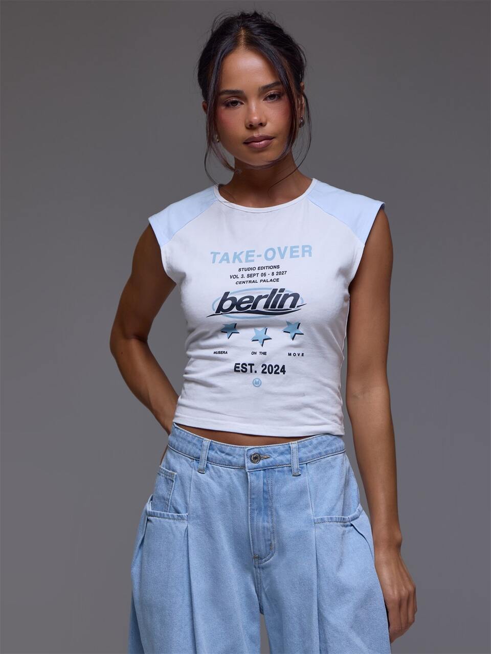 Blue And White Graphic Detail Fitted Crop Top