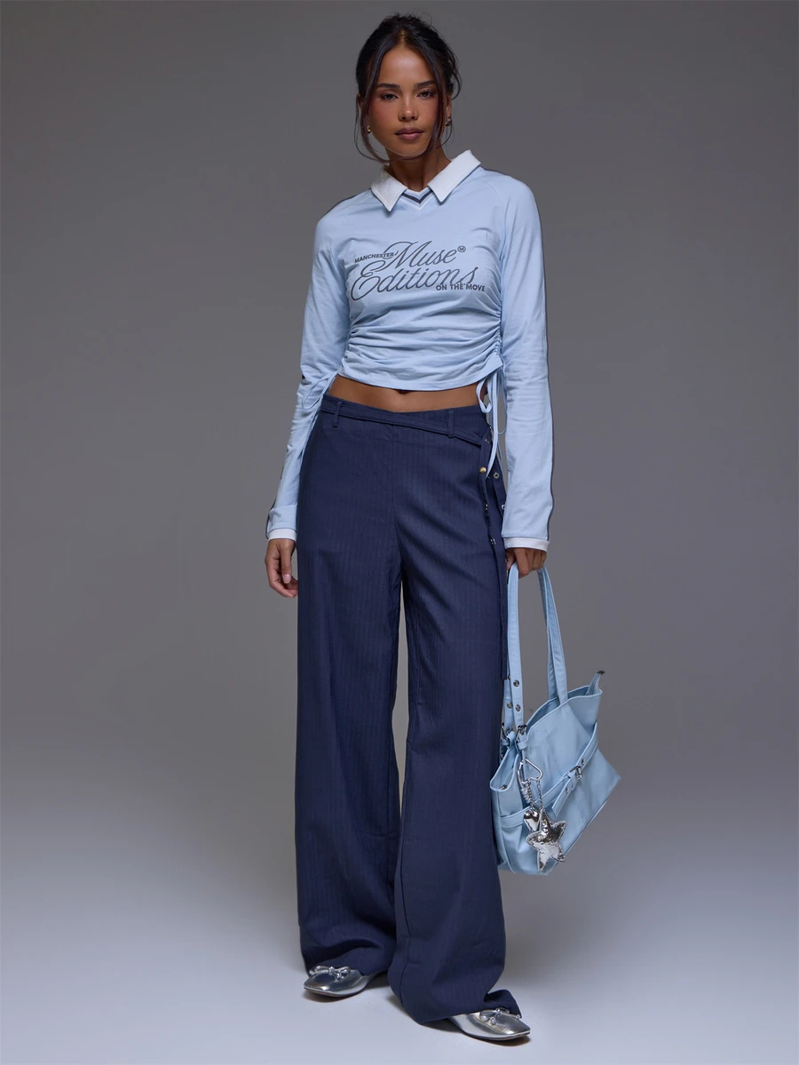 MUSERA Light Blue Graphic Ruched Side Long Sleeve Top Winter Autumn Everyday Casual Y2k 2000s Going Out School Cool Weekdaze - Baby Blue - View 1