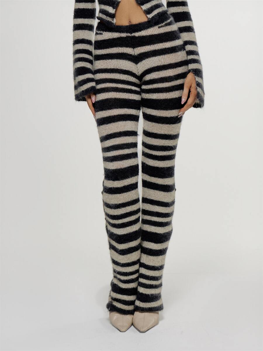 MUSERA Striped Fuzzy Knitted Low Rise Fitted Flare Coord Trouser  Sexy Evening Holiday Festival Unscripted - Multicolor - View 1