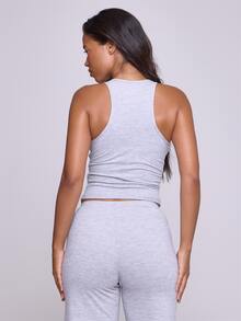 Musera Sport توب رياضي رمادي مارل بياقة سكوب وخطوط جانبية متباينة وظهر ريسر فيت، طقم رياضي ضيق للخريف والشتاء، للياقة البدنية والجيم والبيلاتس - رمادي فاتح - مشاهدة 4