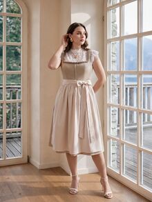Fairmaia German Traditional Plus Size Women's Colorblock Waist Tie Dress - Multicolor - View 4