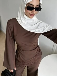 Solavon Setelan Atasan Lengan Panjang dan Celana Panjang Kasual Serbaguna Wanita Warna Cokelat dengan Detail Renda dan Tali Serut di Pinggang. - Coklat - View 6