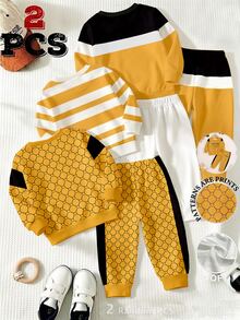 SHEIN Young Boys 1 Random Set Sweatshirt & Pants Yellow Monogram Striped Graphic Print Casual Sporty Tracksuit Toddler Outfit - Multicolor - View 2