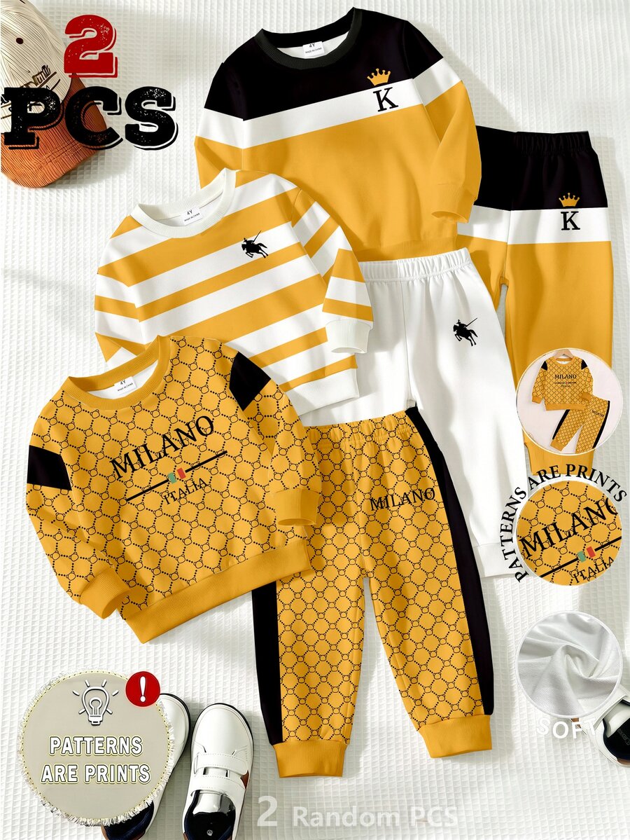 SHEIN Young Boys 1 Random Set Sweatshirt & Pants Yellow Monogram Striped Graphic Print Casual Sporty Tracksuit Toddler Outfit - Multicolor - View 1
