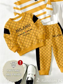 SHEIN Young Boys 1 Random Set Sweatshirt & Pants Yellow Monogram Striped Graphic Print Casual Sporty Tracksuit Toddler Outfit - Multicolor - View 3