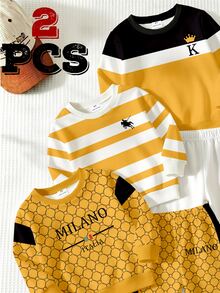 SHEIN Young Boys 1 Random Set Sweatshirt & Pants Yellow Monogram Striped Graphic Print Casual Sporty Tracksuit Toddler Outfit - Multicolor - View 4
