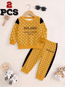 SHEIN Young Boys 1 Random Set Sweatshirt & Pants Yellow Monogram Striped Graphic Print Casual Sporty Tracksuit Toddler Outfit - Multicolor - View 6
