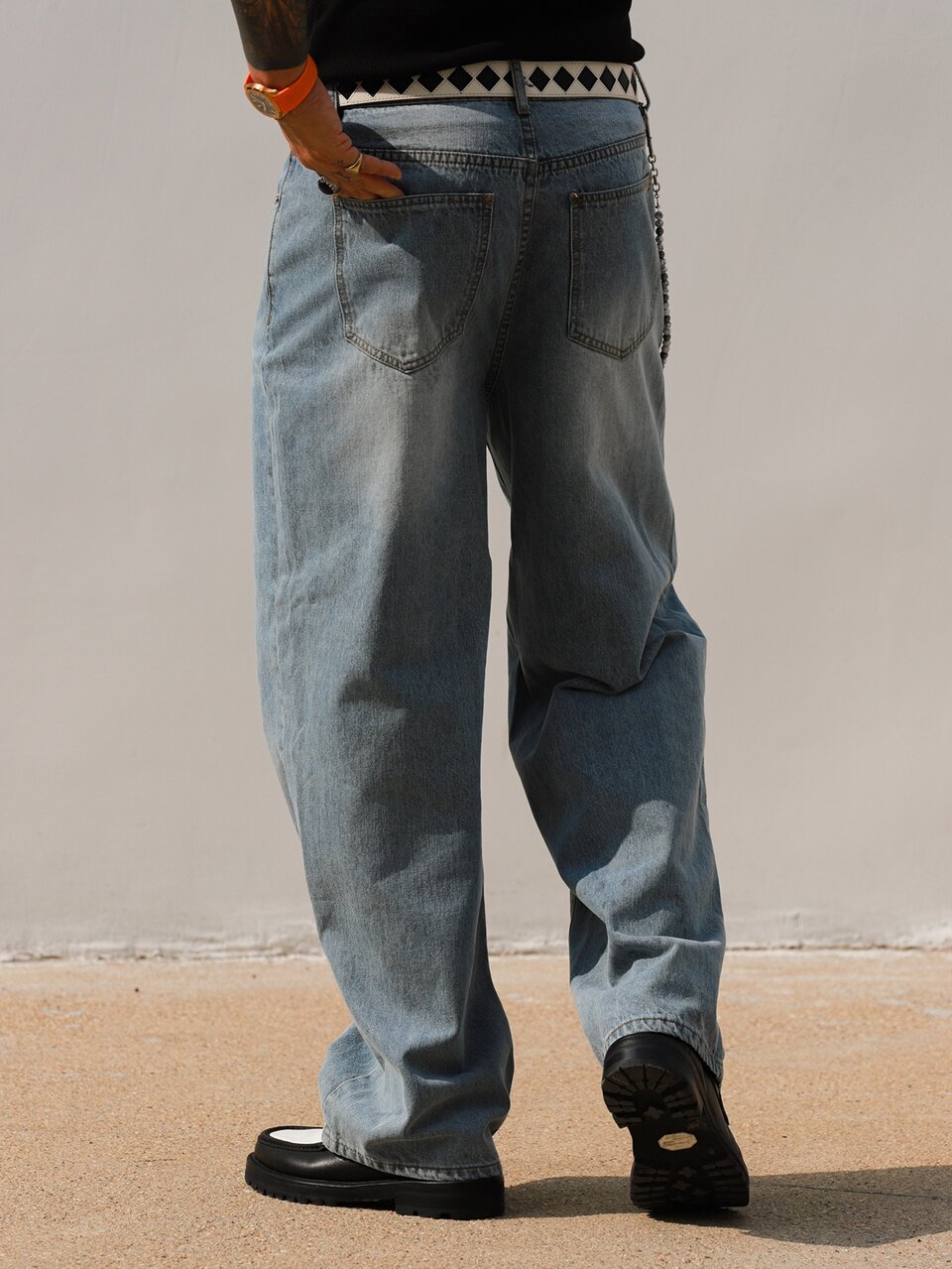 Blue Washed Distressed Long Men's Jeans Fall