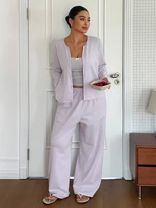 Dazy Plus 3pcs Striped Camisole & Solid Cardigan Top & Long Pants Spring Outfit Plus Size Women Spring/Summer Loungewear Set - Purple - View 3