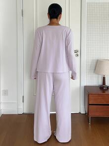 Dazy Plus 3pcs Striped Camisole & Solid Cardigan Top & Long Pants Spring Outfit Plus Size Women Spring/Summer Loungewear Set - Purple - View 5