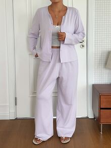 Dazy Plus 3pcs Striped Camisole & Solid Cardigan Top & Long Pants Spring Outfit Plus Size Women Spring/Summer Loungewear Set - Purple - View 6