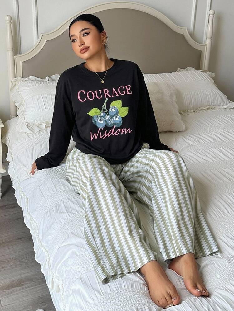 Dazy Plus 2pcs/Set Loose Short Sleeve Printed T-Shirt & Striped Straight Leg Long Pajama Pants, Popular Green Color Sleepwear Set Fall - Black - View 5