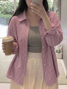 Dazy Plus Fashionable Plaid Loose Fit Lapel Casual Cute Pink Versatile Spring/Autumn Shirt - Watermelon Pink - View 5