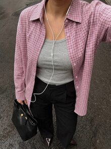 Dazy Plus Fashionable Plaid Loose Fit Lapel Casual Cute Pink Versatile Spring/Autumn Shirt - Watermelon Pink - View 3
